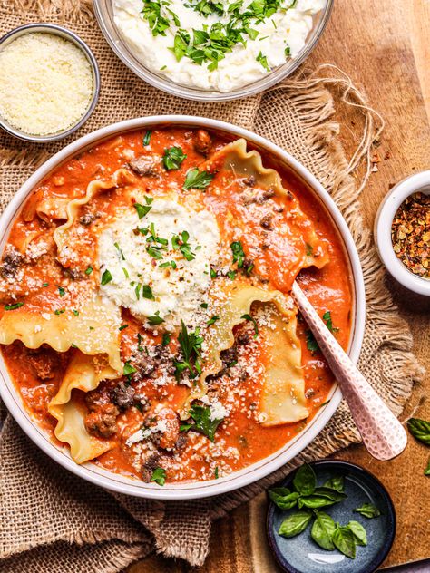 Lasagna Soup Alla Vodka (vodka cream sauce) - Mom Under Pressure Pastas To Make, Vodka Cream Sauce, Lasagne Soup, Lasagna Soup Crockpot, Pasta Alla Vodka, Penne Alla Vodka, Vodka Pasta, Lasagna Soup Recipe, Baked Lasagna