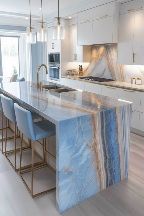 44 Modern Coastal Kitchen Design Ideas (2025 Inspiration) Beach Farmhouse Aesthetic, Kitchen Design Beach House, Modern Kitchen Waterfall Island, Light Blue Kitchen Countertops, Ocean Inspired Kitchen, Coastal Luxe Kitchen, Modern Beach House Decor Kitchen, Beach Style Kitchen Ideas, Beach Kitchen Countertops