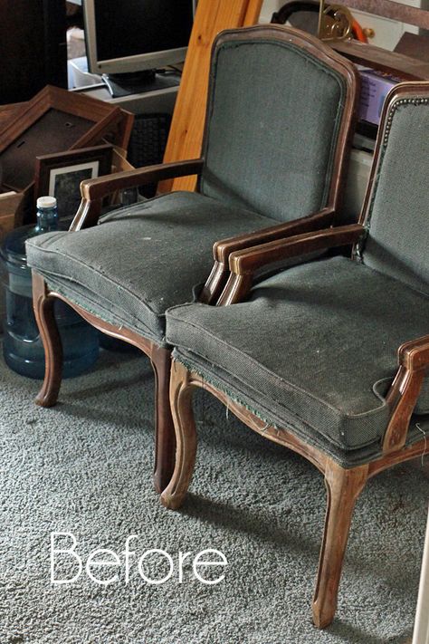 Hey there awesome Friends! I am really excited about today's makeover! I'm sharing how I transformed a pair of chairs I found at the thrift store at least two years ago. Isn't that ridiculous? I knew they were going to be a ton of work, so I just kept overlooking them. Well I am SO thrilled French Provincial Chair, Chair Redo, Dining Chair Upholstery, Staining Furniture, Pair Of Chairs, Diy Furniture Redo, Reupholster Chair, French Country Dining, Reupholster Furniture