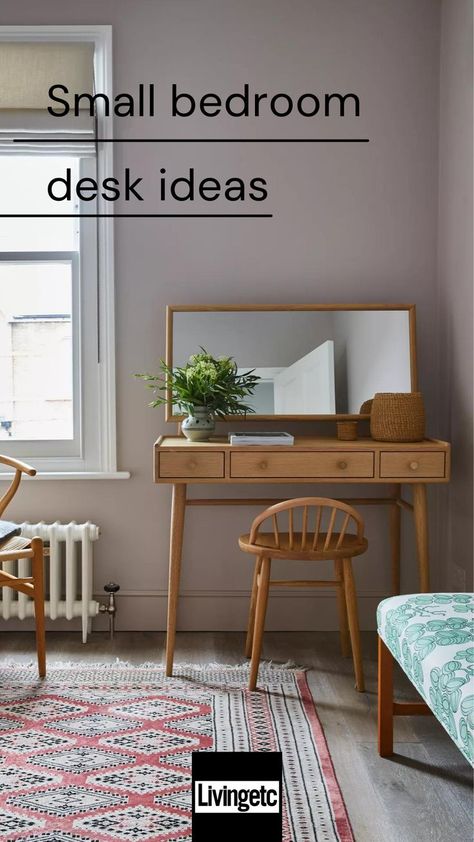 Tv And Desk In Bedroom, Desk In A Small Bedroom, Home Desk Ideas Small Space, Desk As Nightstand Bedroom, Small Bedroom Desk Ideas, Desk In Bedroom Ideas, Small Bedroom With Desk, Corner Desk Bedroom, Small Bedroom Arrangement