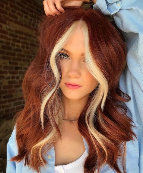 Ginger Hair with Blonde Money Piece Red And Blonde Halo Hair, Horizontal Split Dyed Hair, Red Hair With White Highlights, Ginger And White Hair, Bright Copper Hair, Dark Ginger Hair, Ginger Hair Dyed, 2024 Haircuts, Demon Prince