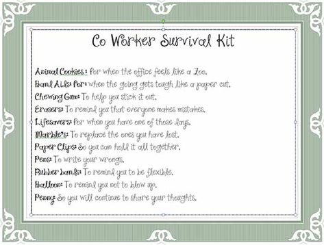 Making up a co worker survival kit will put some fun into a stale office job. We have a list of many items you can consider and free downloadable content. Co Worker Survival Kit Ideas, Fun Survival Kits For Work Gift Ideas, Fun Survival Kit Ideas, Work Survival Kit Ideas Fun, New Year Survival Kit, New Job Survival Kit For Her, Office Survival Kit, Survival Kit Ideas, Survivor Kit