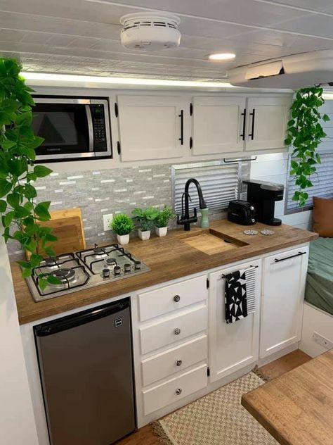 Rv White Cabinets, Remodeled Small Campers, Motor Home Interior Ideas, Small Trailer Renovation, Renovated Motorhome, Motor Home Remodel, Rv Kitchen Ideas, Camper Kitchen Remodel, Camper Living Full Time