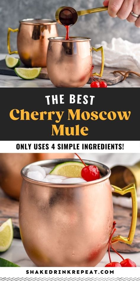 This Cherry Moscow Mule Recipe is such a delicious fun twist on the classic.  Made with easy-to-find ingredients, this will be your new favorite variation! Easy Mule Drink Recipes, Cherry Moscow Mule Recipe, Cherry Moscow Mule, Mule Drink Recipes, Moscow Mule Variations, Moscow Mule Recipes, Vodka Mule, Moscow Mules, Moscow Mule Recipe