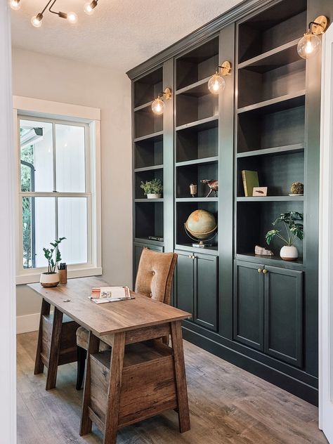 Bespoke Bookcase Built Ins, Wallpaper Backed Built Ins, Office With Black Bookshelves, Large Office Bookshelf, Small Home Office Wall Shelves, Full Height Built In Bookcase, Large Bookcase With Storage, Hunter Green Built In Bookcase, Bedroom With Built In Shelves