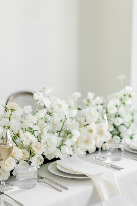 White Floral Garland Wedding, White Floral Runner Wedding, Modern Bridal Flowers, Franklin Plaza Wedding, Whimsical White Wedding Flowers, White Delphinium Wedding, White Flower Table Runner, White Wedding Flowers Reception, White Flower Centerpieces Wedding