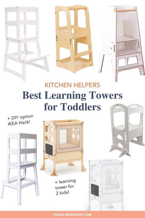 A learning tower or kitchen helper is a stool with an enclosed platform so toddlers can safely reach a kitchen counter. Learning towers are great for helping toddlers with independence in a safer way! So here’s everything you need to know about the best learning towers for toddlers and young kids, and how to choose the best one for your family, home, and budget. #montessori #preschooler #toddler Toddler Stand For Kitchen, Toddler Tower Diy Plans, Kitchen Helper Stool Diy, Toddler Stool For Kitchen, Budget Montessori, Diy Learning Tower, Learning Tower Diy, Kitchen Steps, Montessori Learning Tower