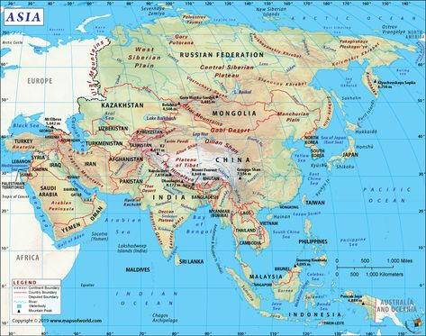 This map of Asia shows the clear demarcation of the nations of the continent. Disputed boundaries are also shown on the map. Asia is the largest continent in the world, both in size and population. It has an area of 17,212,000 sq. miles, and population of 4.5 billion as of September 2018 estimates. Asia consists a total of 49 UN member countries, with China and India being the largest economies. There are two theories surrounding the origin of the word “Asia".. Full article is on the site. Physical Map Of Asia, Asian Map Asia, Asia Map Geography, Asia Geography, Gunung Everest, Asian Maps, Peta Asia, Map Of Asia, Countries Of Asia