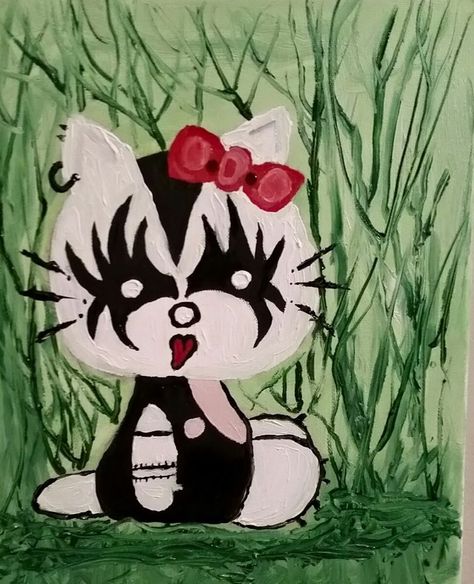 Hello Kitty Oil Painting, Corpse Paint Drawing, Emo Paintings, Corpse Paint Ideas, Emo Painting Ideas, Emo Painting, 2000 Emo, Hello Kitty Painting, Corpse Paint