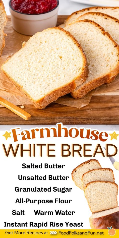 This Farmhouse White Bread recipe is easy to make and calls for just six simple ingredients. This homemade white bread recipe makes 2 large fluffy loaves. White Yeast Bread Recipes, Homemade White Bread Recipes, White Bread Recipe Homemade, Farmhouse Bread Recipe, Easy Bread Recipes For Beginners, Bread Recipes For Beginners, Fluffy Bread Recipe, Easy White Bread Recipe, Traditional Bread Recipe