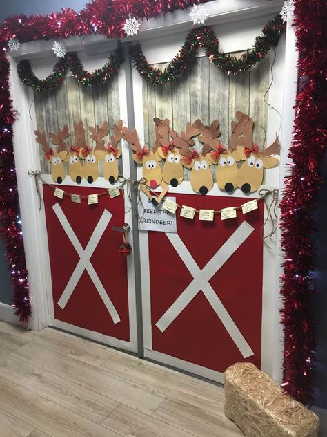 Christmas Decor Ideas North Pole, North Pole Christmas Decor Office, Office Santas Workshop Decorations, North Pole Backdrop, North Pole Office Decor, Santa’s Workshop Door Contest, Diy Reindeer Stable, Reindeer Stable Office Decorations, Santa's House Decorations Ideas