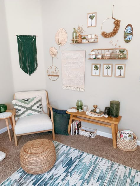 Teacher Zen Den, Zen Therapy Office, Boho Therapy Office Decor, Yoga Nook Small Spaces, Boho Therapy Office, Boho Zen Room, Zen Den Meditation Rooms, Home Zen Space, Zen Room Ideas