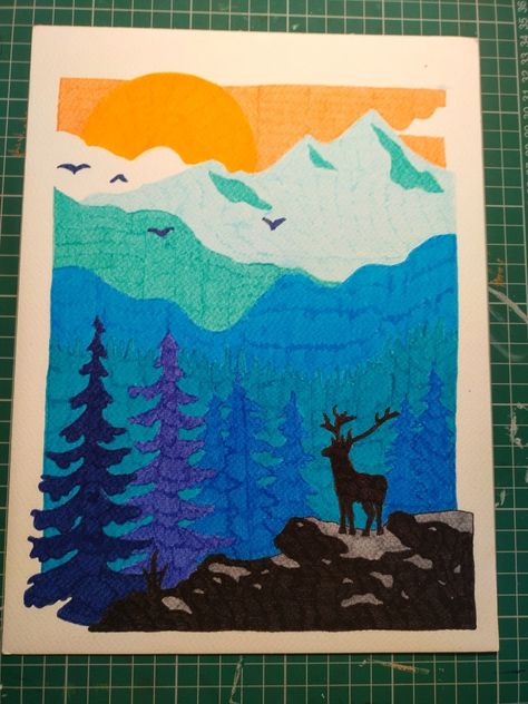 Mountain Draw Felt Tip Art Pens Drawing, Felt Tip Pens Drawing Ideas, Felt Tip Pen Art Drawings, Felt Tip Pen Art, Mountain Deer, Pen Drawings, Pen Art Drawings, Collage Art Projects, Felt Tip