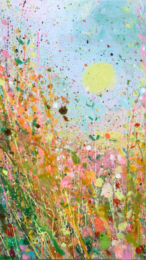 Vibrant color and layers of paint mimic wildflowers and bring a sunny day to life. Abstract Spring Painting, Splatter Painting Ideas, Blow Painting Art, Splatter Paint Canvas, Colourful Canvas, Splatter Painting, Painting Expressionism, Bright Artwork, Splatter Art