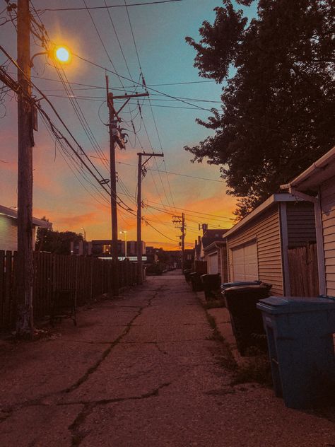 Haunted City Aesthetic, Midwest City Aesthetic, Sunset Street Photography, City Alleyway Aesthetic, Summer In City Aesthetic, Alley Way Aesthetic, Summer Dusk Aesthetic, Alleyway Reference, Sunny Neighborhood