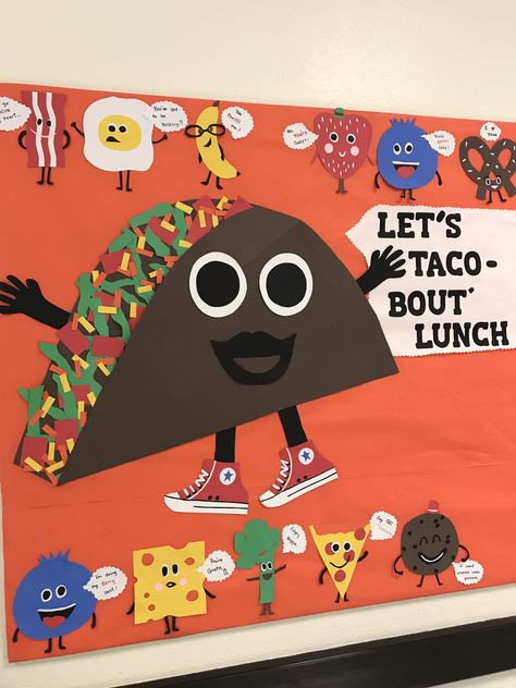 Let’s TACO bout lunch! School board, food puns, food characters Lunch Room Bulletin Boards Elementary Schools, Lunch Room Door Decorations, School Kitchen Door Decoration, School Lunchroom Bulletin Board Ideas, School Nutrition Bulletin Boards Ideas, Lunch Lady Bulletin Boards, Lunchroom Decorations Ideas, School Lunch Room Decorations, Lunch Room Decorations School