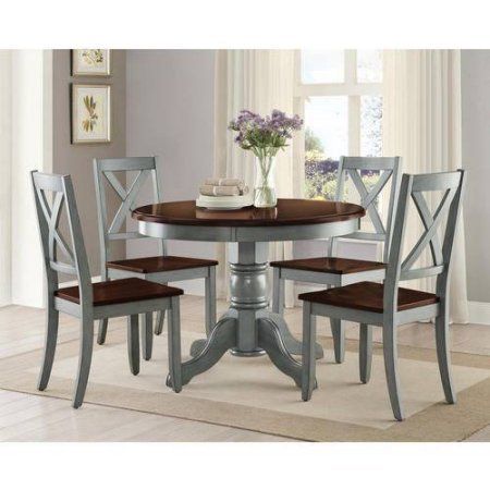 Amazon.com - Maddox 5-Piece Dining Set, Blue - Table & Chair Sets Round Kitchen Table And Chairs, Farmhouse Round Dining Table, Round Kitchen Table Set, Farmhouse Dining Table Set, Ikea 2015, Wood Dining Room Set, Farmhouse Dining Set, Contemporary Decor Living Room, Kura Bed