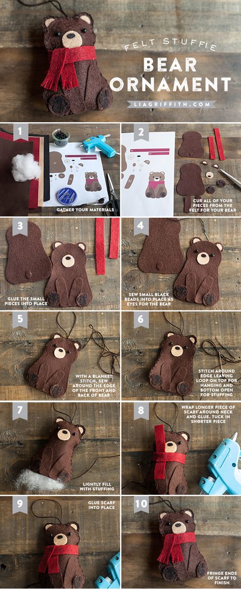 DIY Christmas Gift Topper Tag How to Make this cute Felt bear stuffie for an ornament or gift topper. Free pattern and tutorial. Cute Felt Christmas Ornaments, Black Bear Ornaments Diy, How To Make Felt Ornaments Tutorials, Diy Bear Ornaments, Free Felt Ornament Patterns Templates, Moose Felt Ornament, Felt Animal Ornaments Patterns Free, Felt Animal Patterns Free Templates Diy, Christmas Bear Decorations