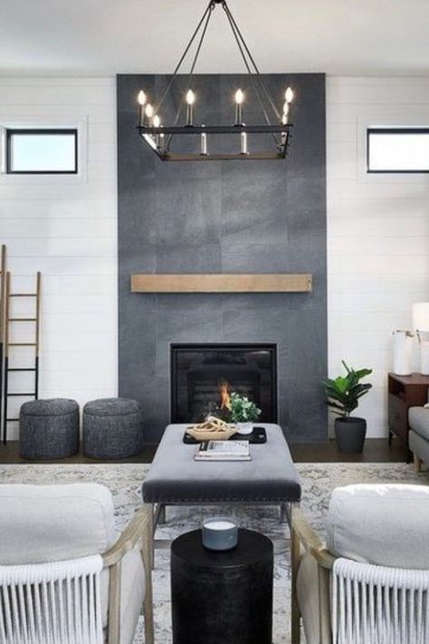 Flush Fireplace Ideas, 12x24 Fireplace Tile, Grey Tile Fireplace With Wood Mantle, Fireplace Tiled Walls, Black Tiled Fireplace Ideas, Black Slate Tile Fireplace, Tile Fireplace Makeover Modern, Fireplace Modern Design Tile, Fireplace Slate Surround