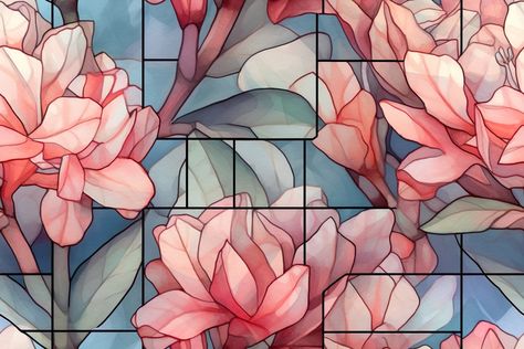 This is a simple watercolor illustration of rhododendrons in soft pastel colors. Stained Glass Desktop Wallpaper, Stained Glass Watercolor, Simple Watercolor, Colorful Nature, Leaf Ornament, Pastel Pattern, Texture Vector, Pattern Glass, Easy Watercolor