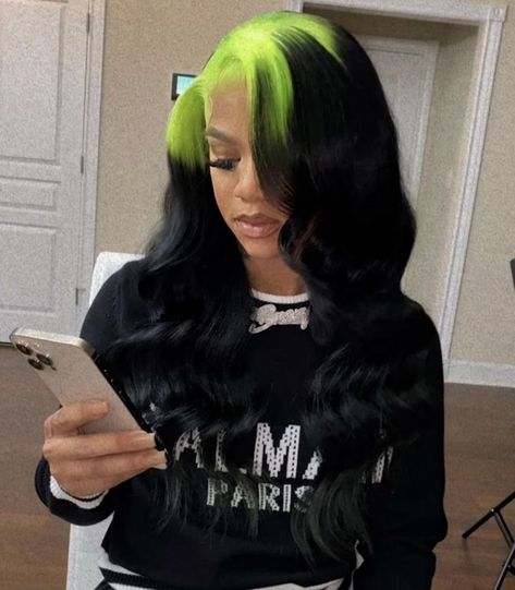 Shego Inspired Wig, Green Roots Black Hair Wig, Neon Green Roots Black Hair, Green Skunk Stripe Wig, Shego Hairstyle, Green Roots Black Hair, Shego Hair, Green Wigs Black Women, Colored Roots With Black Hair