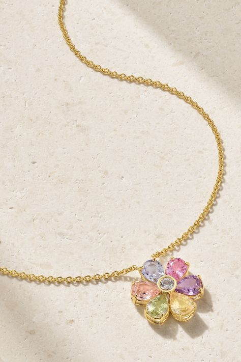 Known as one of the world's finest purveyors of precious gems, Bayco re-cuts each stone to allow its beauty to really sparkle. This one-of-a-kind necklace is handcrafted from 18-karat gold and strung with a flower-shaped pendant made up of rainbow sapphires as the petals. Barbie Lifestyle, Pastel Jewellery, Gold Sapphire Necklace, Pastel Jewelry, Pastel Necklace, Preppy Bracelets, Aesthetic Rings, Rainbow Sapphires, Rainbow Jewelry