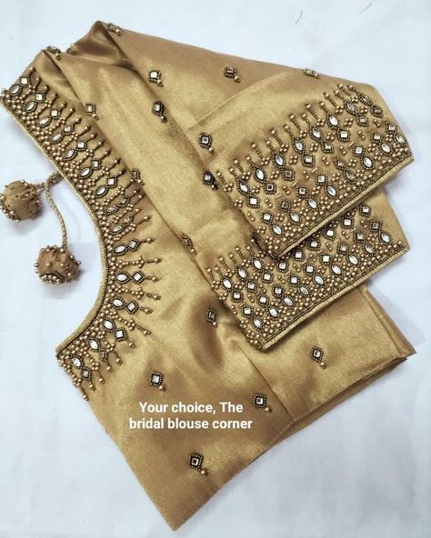 Simple Gold Blouse Designs, Cream Color Maggam Work Blouse, Gold Blouse Work Designs, Gold Blouse Aari Work Designs, Gold Colour Blouse Designs Maggam Work, Gold Blouse Designs Indian, Golden Blouse Aari Work, Gold Colour Blouse Designs, Gold Blouse Designs Latest