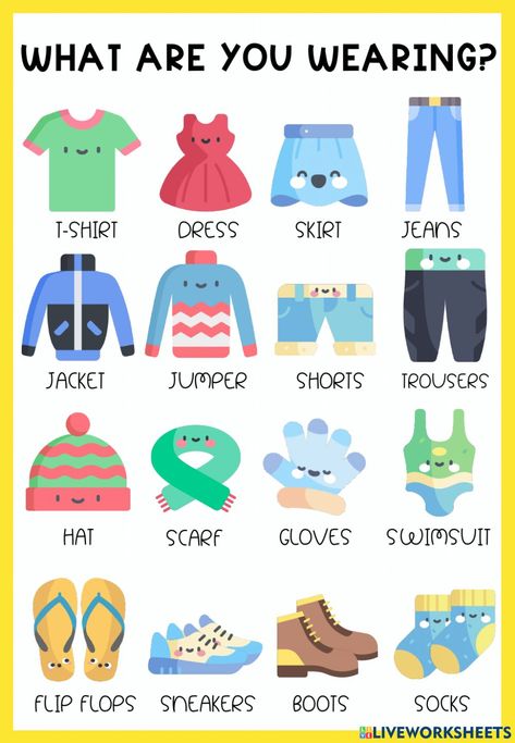 English Materials Teaching, Clothes In English Vocabulary, Clothes Study For Preschoolers, Clothes Flashcards, Vocabulary Clothes, Preschool Charts, Esl Kids, English Learning Books, Reading Comprehension Lessons