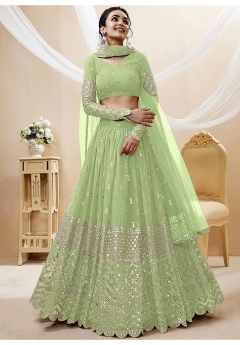 Pistachio Green Embroidered Georgette Lehenga Choli Pista Green Lehenga, Pista Colour, Pista Green Colour, Sequin Lehenga, Engagement Lehenga, Bridesmaid Lehenga, Sangeet Outfit, Pista Green, Georgette Lehenga