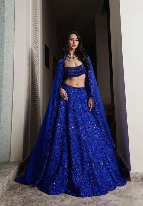 qivii Indian Reception Outfit, Royal Blue Lehenga, Bustier Blouse, Embroidered Bustier, Reception Outfits, Pengantin India, Sangeet Outfit, Reception Outfit, Raw Silk Lehenga