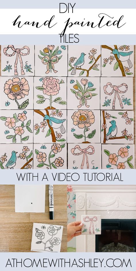 DIY hand painted tiles that are ceramic for a fireplace or kitchen backsplash. A craft idea for decorative coasters. How to hand paint your own tiles with pebeo procelaine 150 paints with birds, flowers, and butterfly botanical tiles Hand Painted Tiles Diy, Hand Painted Tiles Kitchen, Botanical Tiles, Butterfly Botanical, Painted Tiles, Hand Painted Tile, Painting Ceramic Tiles, Tile Crafts, Flower Tile