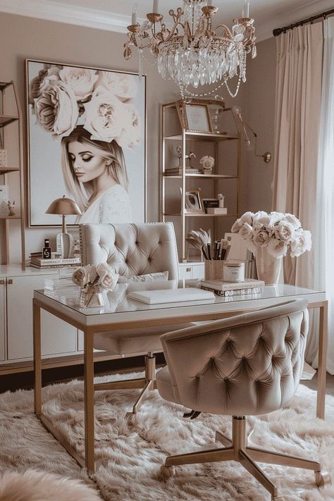 Feminine Apartment Modern, Cozy Home Office Decor, Glam Room Office, White And Gold Office Ideas, Magnolia Office, Modern Chic Office, Cheap Home Office Ideas, Feminine Home Office Classy, Girly Office Space