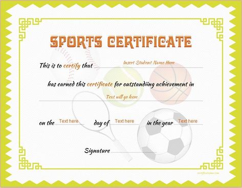 Sports Certificate Template for MS Word DOWNLOAD at http://certificatesinn.com/sports-certificates/ Sports Certificate Design Templates, Sports Certificate Design, Sports Day Certificates, Softball Awards, Ms Word Design, Sports Certificate, Soccer Awards, Printable Sports, Free Gift Certificate Template