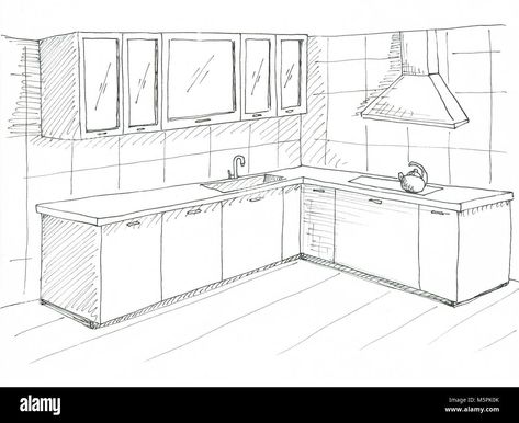 Drawing Of Kitchen, Furniture Vector Illustration, House Design Drawing, Drawing Furniture, Furniture Sketch, Kitchen Drawing, Furniture Design Sketches, Drawing Interior, Interior Architecture Drawing