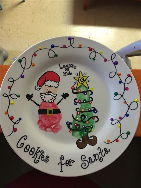 Cookies for Santa plate with Footprint art Cookie Plates For Santa Diy, Santa Footprint Craft, Christmas Cookie Plates For Santa, Santa Plates Diy, Baby Santa Cookie Plate, Christmas Footprint Plate, Homemade Santa Cookie Plate, Diy Cookie Plate For Santa, Santa Cookie Plate Handprint