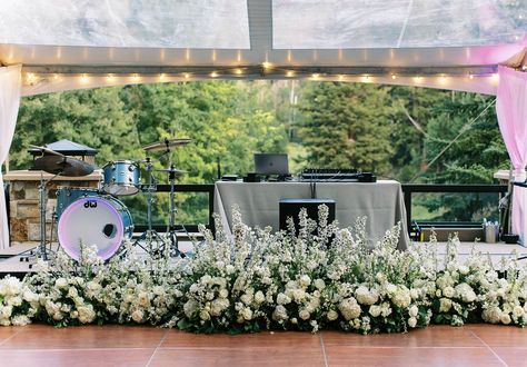 Wedding Band Stage Flowers, Floral Hedge, Stage Flowers, Band Stage, Flower Moxie, Charity Ball, Stage Decor, Floral Arrangements Wedding, Delphinium