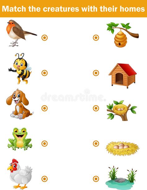 Illustration about Illustration of Matching game for children, animals with their homes. Illustration of character, game, match - 79293606 Homes Of Animals, Animals For Kindergarten, Emotions Preschool Activities, تصنيف الحيوا�نات, Animals And Their Homes, Emotions Preschool, Animal Worksheets, Kids Worksheets Preschool, Game For Children