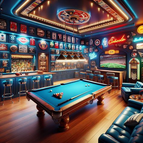 Welcome to the ultimate man cave; with a billiards table, sports TV, bar, memorabilia, and seating, it's the perfect leisure retreat. #ManCave #HomeBar #BilliardsRoom #SportsMemorabilia #RetroDecor #EntertainmentSpace Speakeasy Garage, Bar Americano, Gentlemans Room, Tv Bar, Billiards Bar, Cave Design, Gaming Lounge, Pool Table Room, Man Cave Design