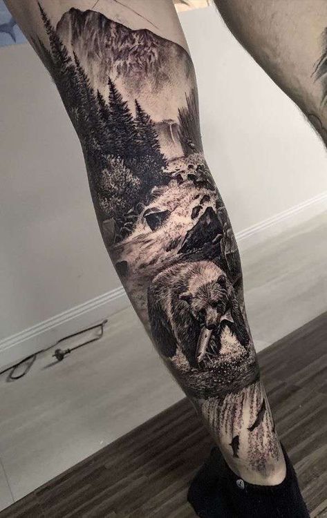 Full Sleeve Outdoor Tattoo, Bear Leg Sleeve Tattoo, Mountain Tattoo Leg Sleeve, Mountain Leg Sleeve Tattoo, Leg Sleeve Tattoo Animals, Tattoo Sleeve Mountains, Wilderness Forearm Tattoo, Bear Leg Tattoo Men, Forest Leg Tattoo Men