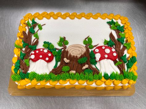 Fall Themed Sheet Cake Ideas, Mushroom Sheet Cake, Edible Image Cake Ideas, Fairy Sheet Cake, Fall Sheet Cakes Decorated, Forest Sheet Cake, Mushroom Cake Ideas, Fall Sheet Cake, Mushroom Cakes