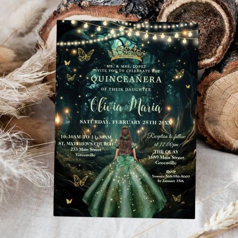 Enchanted Forest Emerald Green Dress Quinceañera Invitation Green Dress Princess, Enchanted Forest Quinceanera, Forest Emerald Green, Butterfly Invitations, Dress Quinceanera, Emerald Green Dress, 16th Birthday Invitations, Sage Green Dress, Blush Dress