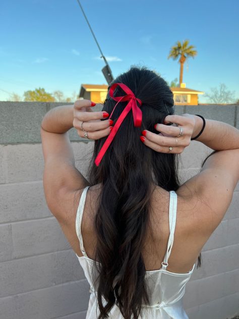 Red Ribbon Hair Tie, Formal Hair With Ribbon, Lana Del Rey Ribbon Hair, Red Hair Accessories Aesthetic, Mexican Hairstyles With Ribbon, Red Hair Bow Aesthetic, Hairstyles With Red Ribbon, Red Hair Bows, Red Bows In Hair