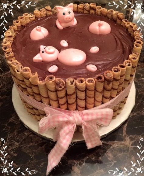 Pigs In Mud Cake, Piggy Cake, Pig Cupcakes, Pig In Mud, Pig Birthday Cakes, Cat Cake Topper, Anime Cake, Pig Cake, Fondant Cake Toppers