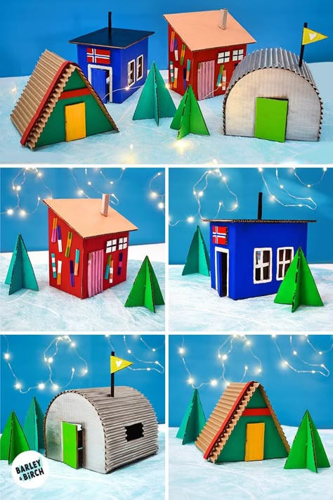 This cardboard ice shanty art project for kids can be used for everything from frosty small world play to winter STEAM challenges and process art projects. | from barley & birch Cardboard Houses For Kids, Snowflake Making, Advent Art, Ice Shanty, Fairy Wonderland, Steam Challenges, Different Types Of Houses, Art Project For Kids, Steam Projects