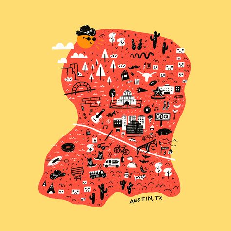 Doodle Maps on Behance Texas Illustration, Maps Illustration Design, City Maps Illustration, Austin Map, Illustration Map, Scotland Map, Austin Art, Texas Map, Canvas Painting Diy