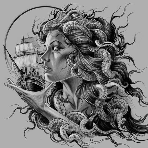 Poseidon Tattoo, Mermaid Tattoo Designs, Medusa Tattoo Design, Pirate Tattoo, Girl Face Tattoo, Armband Tattoos, Statue Tattoo, Full Sleeve Tattoo Design, Foto Langka