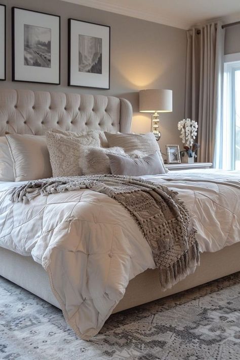 New Home Bedroom Ideas, Couples Bedroom Inspo, Sophisticated Master Bedrooms Decor, Minimalist Bedroom For Couples, Soft Romantic Bedroom, Spa Like Bedroom Ideas Master Suite, Sunny Bedroom Aesthetic, Oatmeal Colored Bedroom, Large Master Bedrooms Ideas For Couples