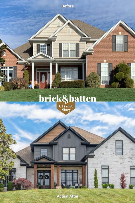 Whitewash Red Brick Exterior Before And After, Painted Brick House With Siding, White Wash Brick Exterior Split Level, White Washed Brick Home Exterior, Brick Vinyl Siding House, Red Brick To White Brick, White Brick House With Siding, Exterior House Brick And Siding, White Washed Red Brick Exterior