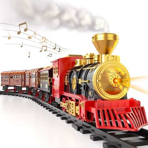 PRICES MAY VARY. 【Realistic Train Set】 Classic locomotive with headlight, sounds and smoke. Includes a VIP passenger car, 2 passenger coaches. 4 straight tracks, 8 curved tracks. 800mAh/3.7V rechargeable lithium battery can running 2 hours, 1 USB charging cable , 1 water bottle and 3D puzzles. 【Electric Train Toys】 When the battery-powered toy train is running, the locomotive headlights are on, with realistic whistle and bell sound. The chimney produces smoke when water is added. Sound can be tu Christmas Tree Train Set, Christmas Toy Train, Christmas Tree Train, Christmas Train Set, Electric Train Sets, Locomotive Engine, Toy Trains Set, Train Gifts, Track Toy