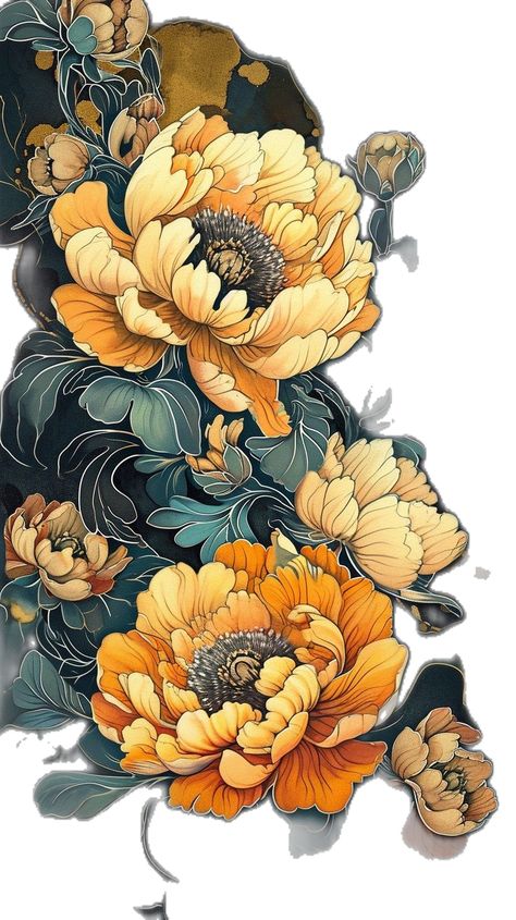 Flower Prints Aesthetic, Flowers Painted On Wall, Japanese Art Flowers, Crisantemo Tattoo, Flowers In Watercolor, Paintings Of Flowers, Painted Gifts, Flower Mural, Art Nouveau Flowers